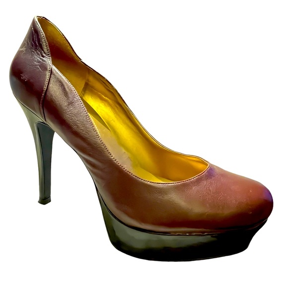 #32 GUESS Dark Brown Vegan Leather Platform Heels w/ Faux Leather Sz 10 EUC - Picture 12 of 16